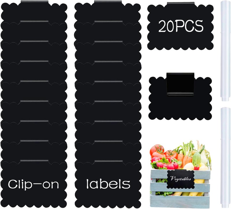 badigo 20 Reusable Basket Labels with Clip-On Design, Perfect for Kitchen and Closet Organization, Includes 2 White Chalk Markers - Image 1
